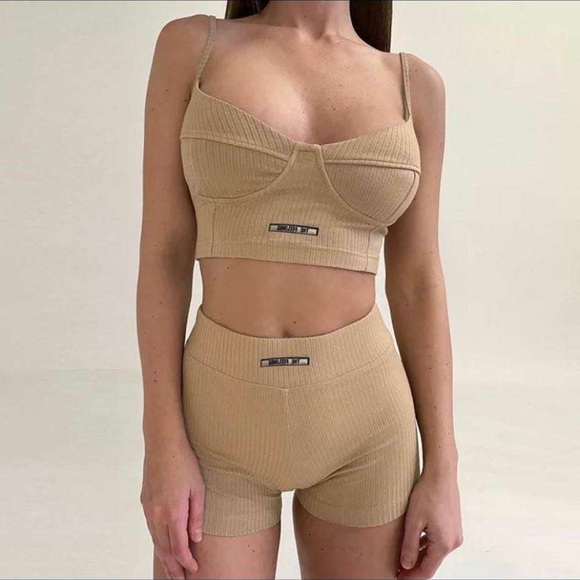 SALE! Beautiful beige knitted cotton outfit set loungewear top shorts XS S M - Picture 3 of 14